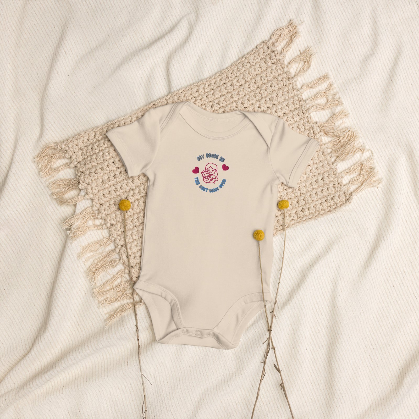 organic-cotton-baby-bodysuit-organic-natural-front-6a7f5b47a586a.jpg "My Mom Is the Best Mom Ever" Organic Cotton Baby Bodysuit - Image 1
